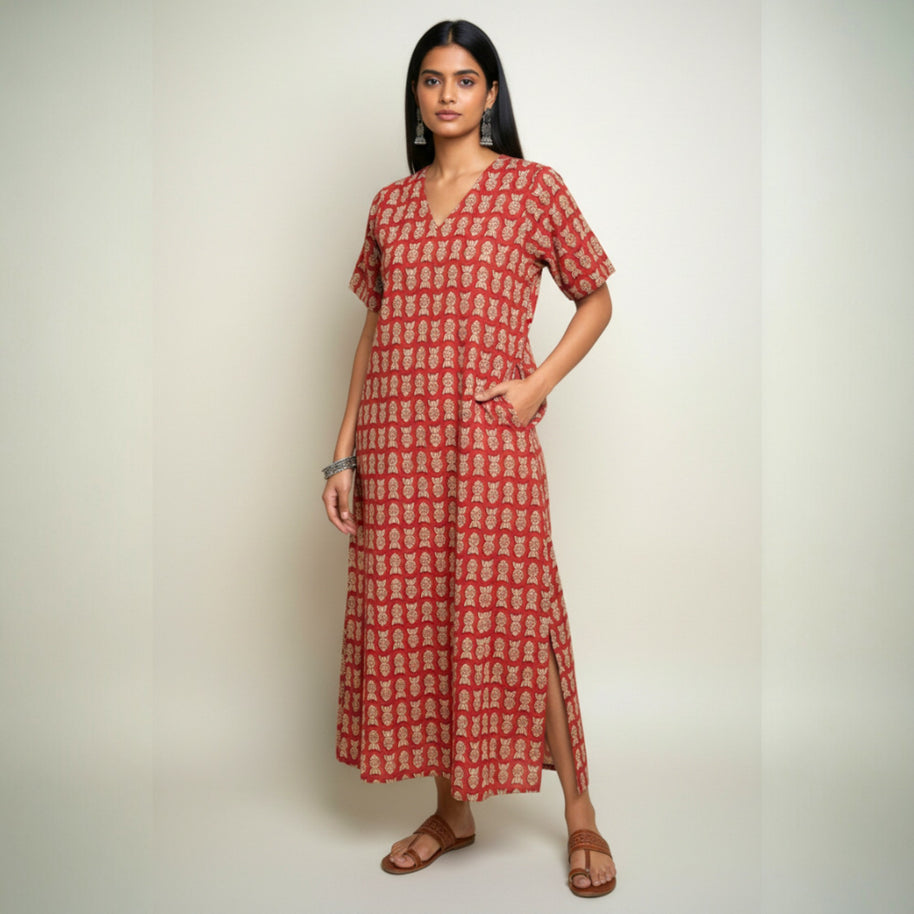 Maroon Handblock Cotton Long Dress