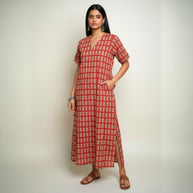 Maroon Handblock Cotton Long Dress
