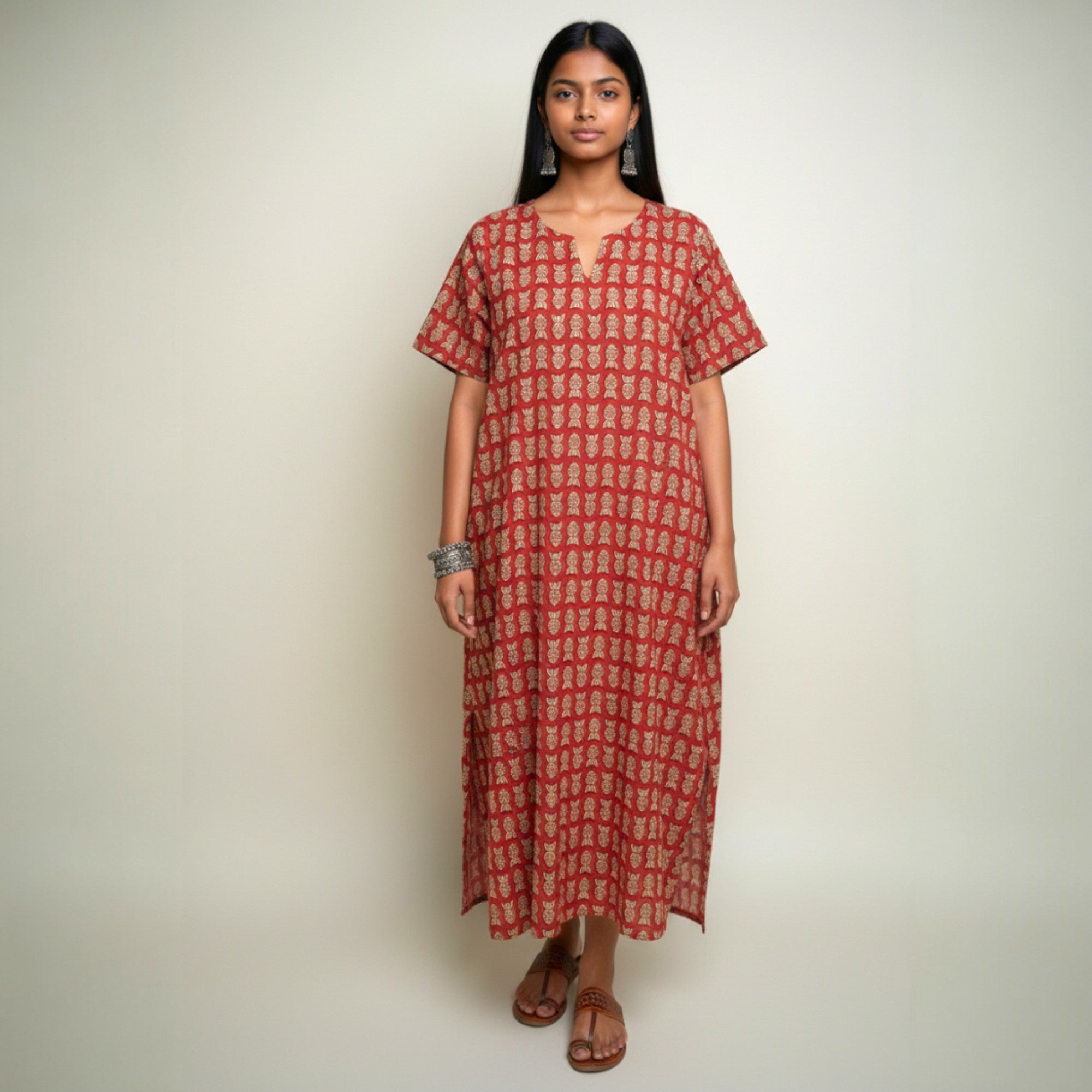 Maroon Handblock Cotton Long Dress