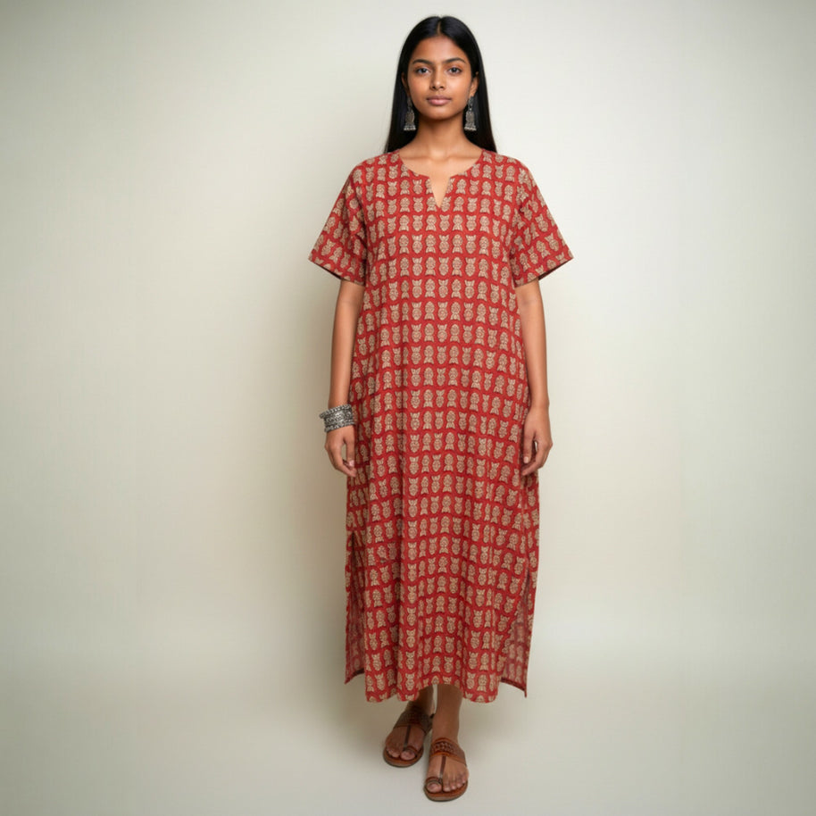 Maroon Handblock Cotton Long Dress