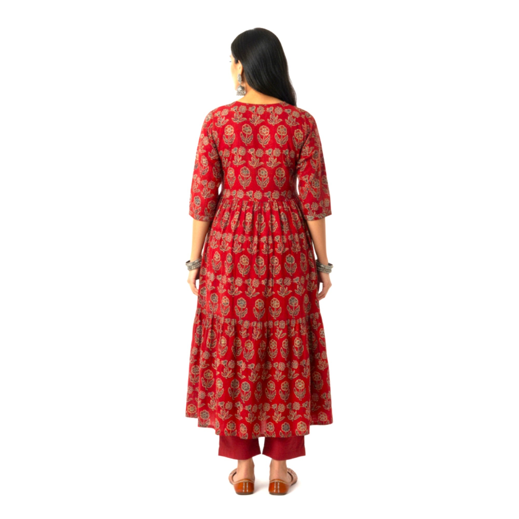Maroon Black Floral Alia Cut Cotton Kurta
