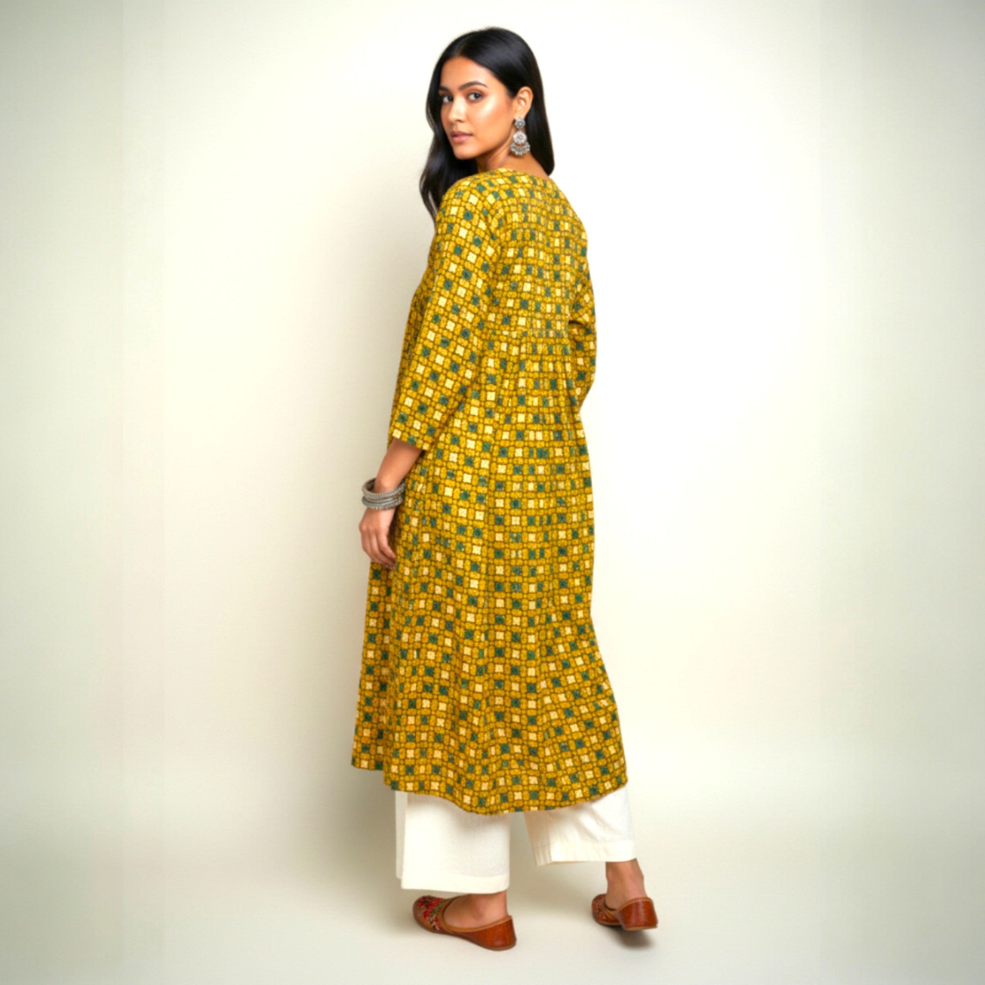 Mustard Floral Alia Cut Cotton Kurta