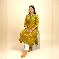 Mustard Floral Alia Cut Cotton Kurta