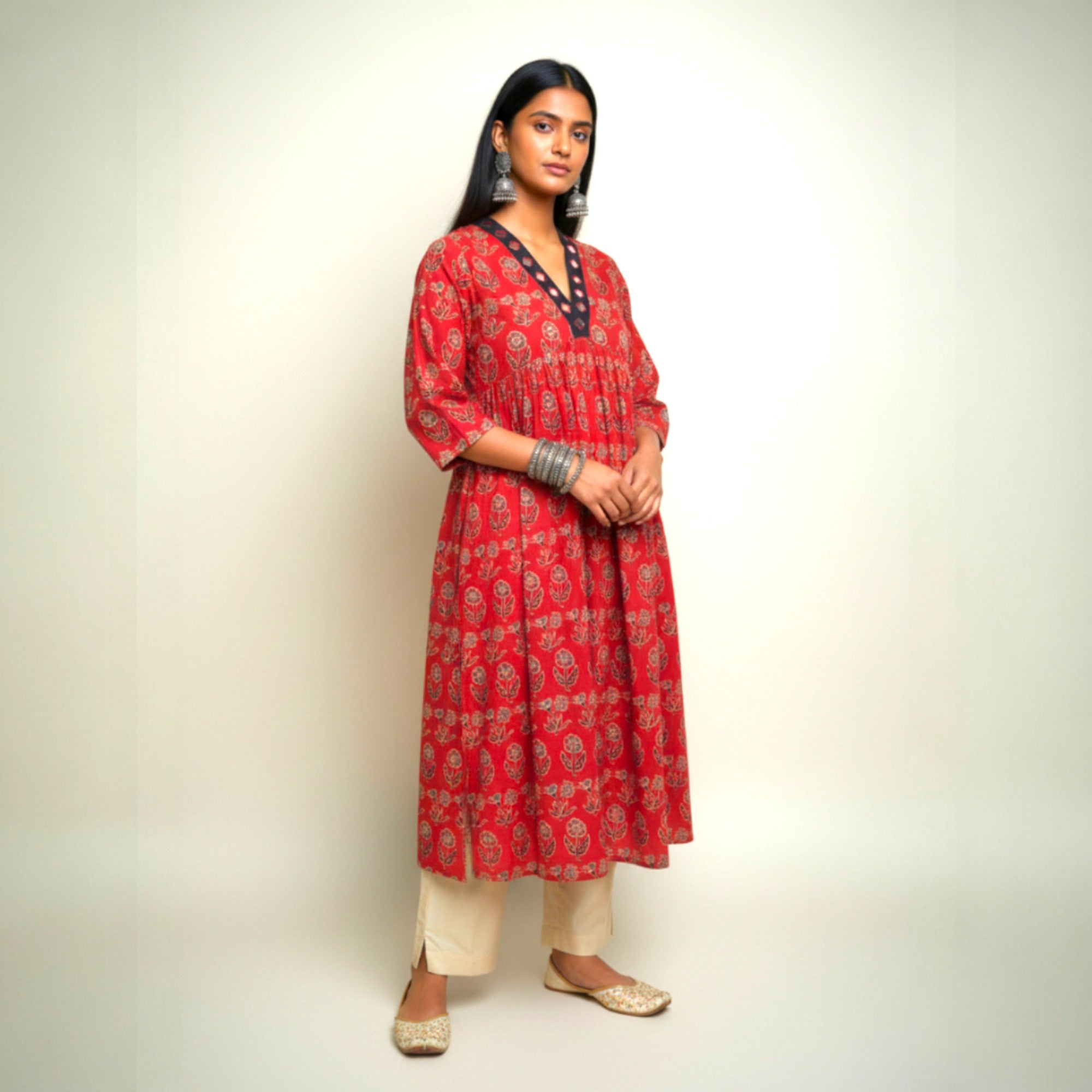Maroon Black Floral Alia Cut Cotton Kurta