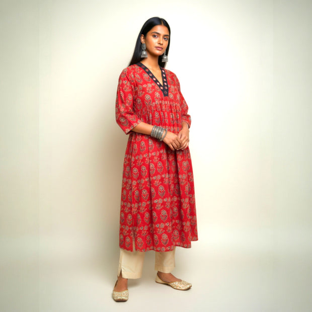Maroon Black Floral Alia Cut Cotton Kurta