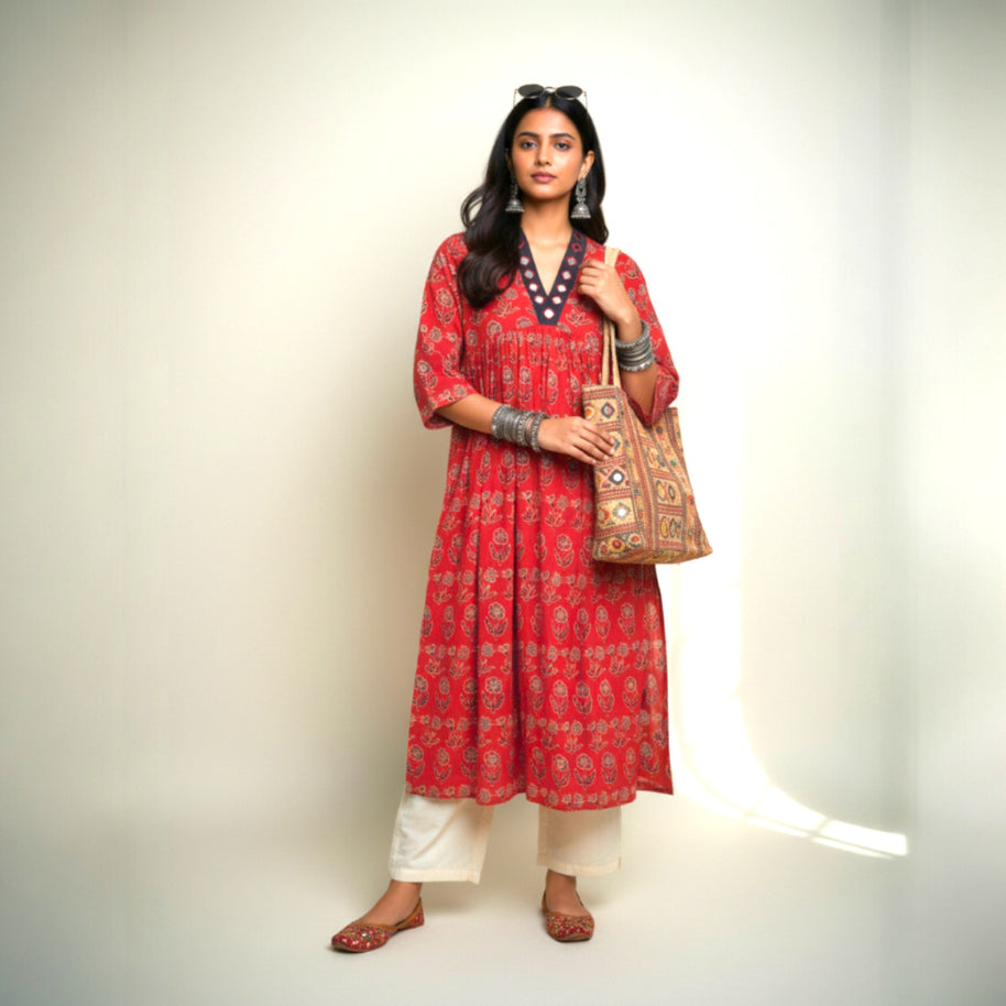 Maroon Black Floral Alia Cut Cotton Kurta