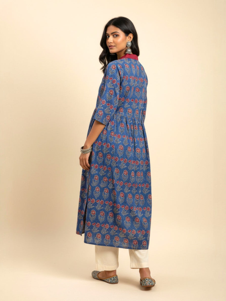 Blue Floral Alia Cut  Cotton Kurta