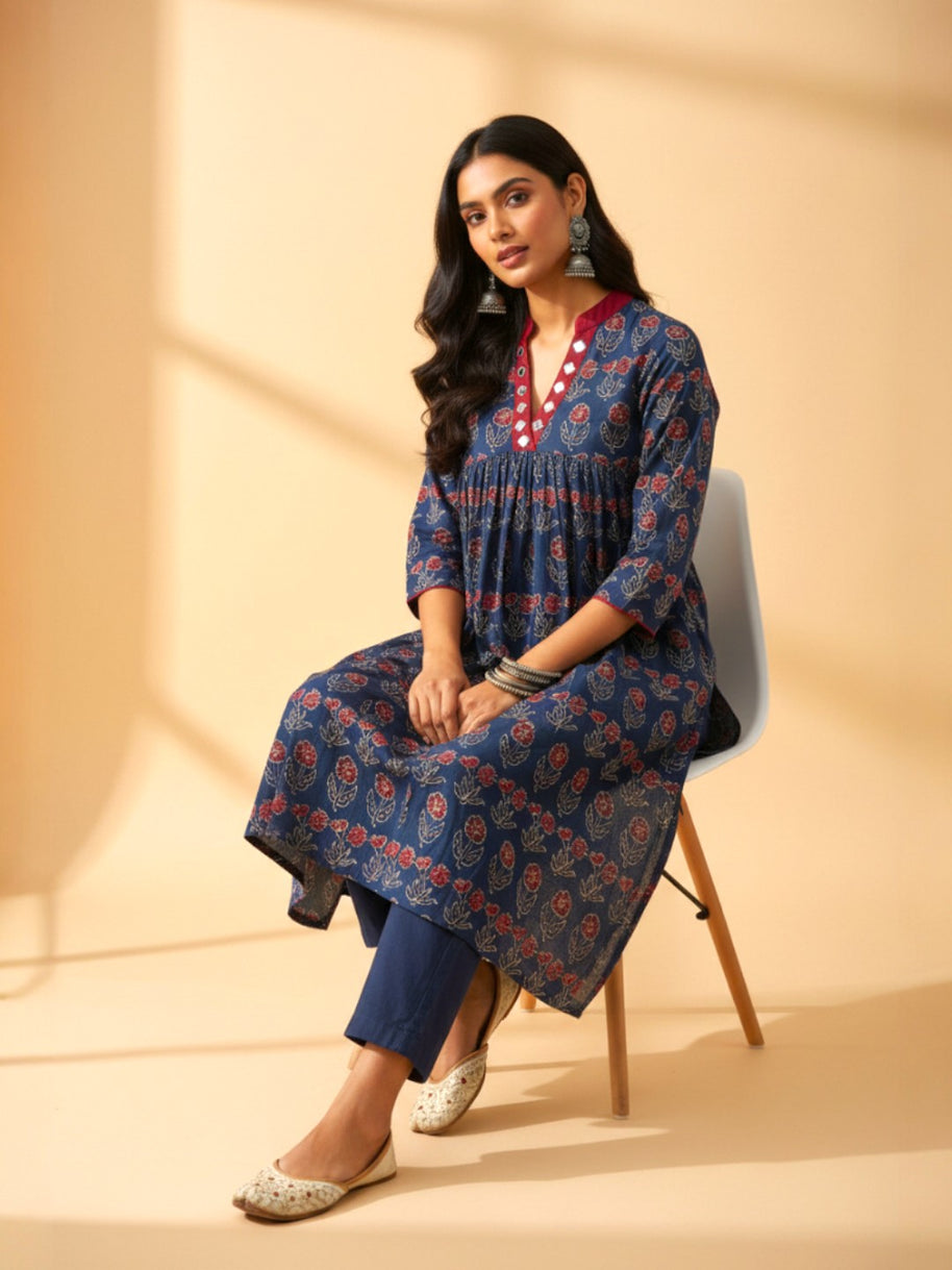 Blue Floral Alia Cut  Cotton Kurta