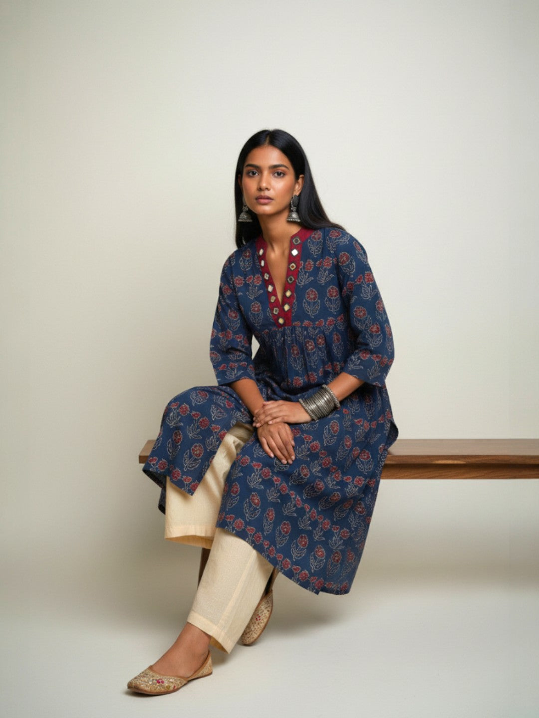 Blue Floral Alia Cut  Cotton Kurta