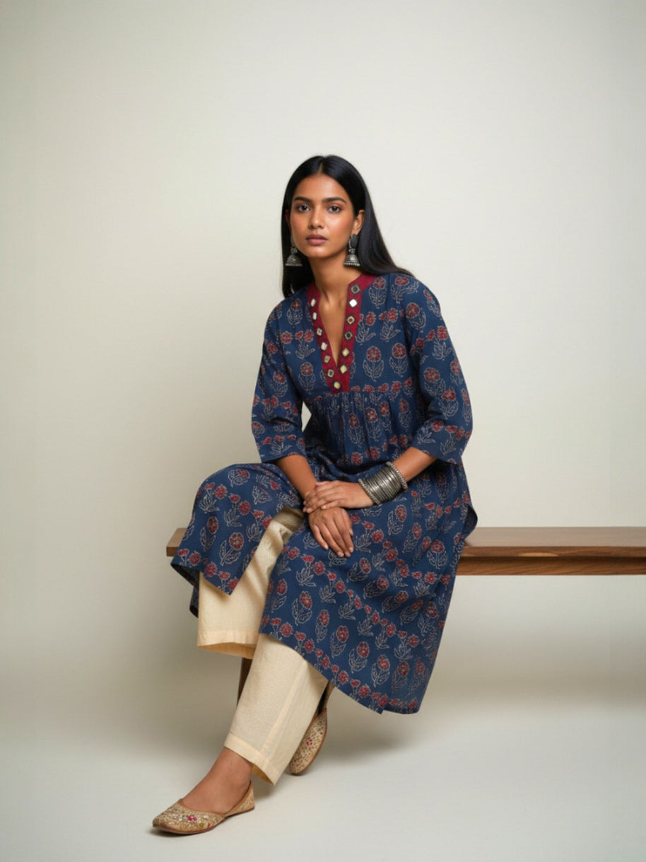 Blue Floral Alia Cut  Cotton Kurta