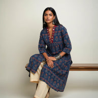 Blue Floral Alia Cut  Cotton Kurta