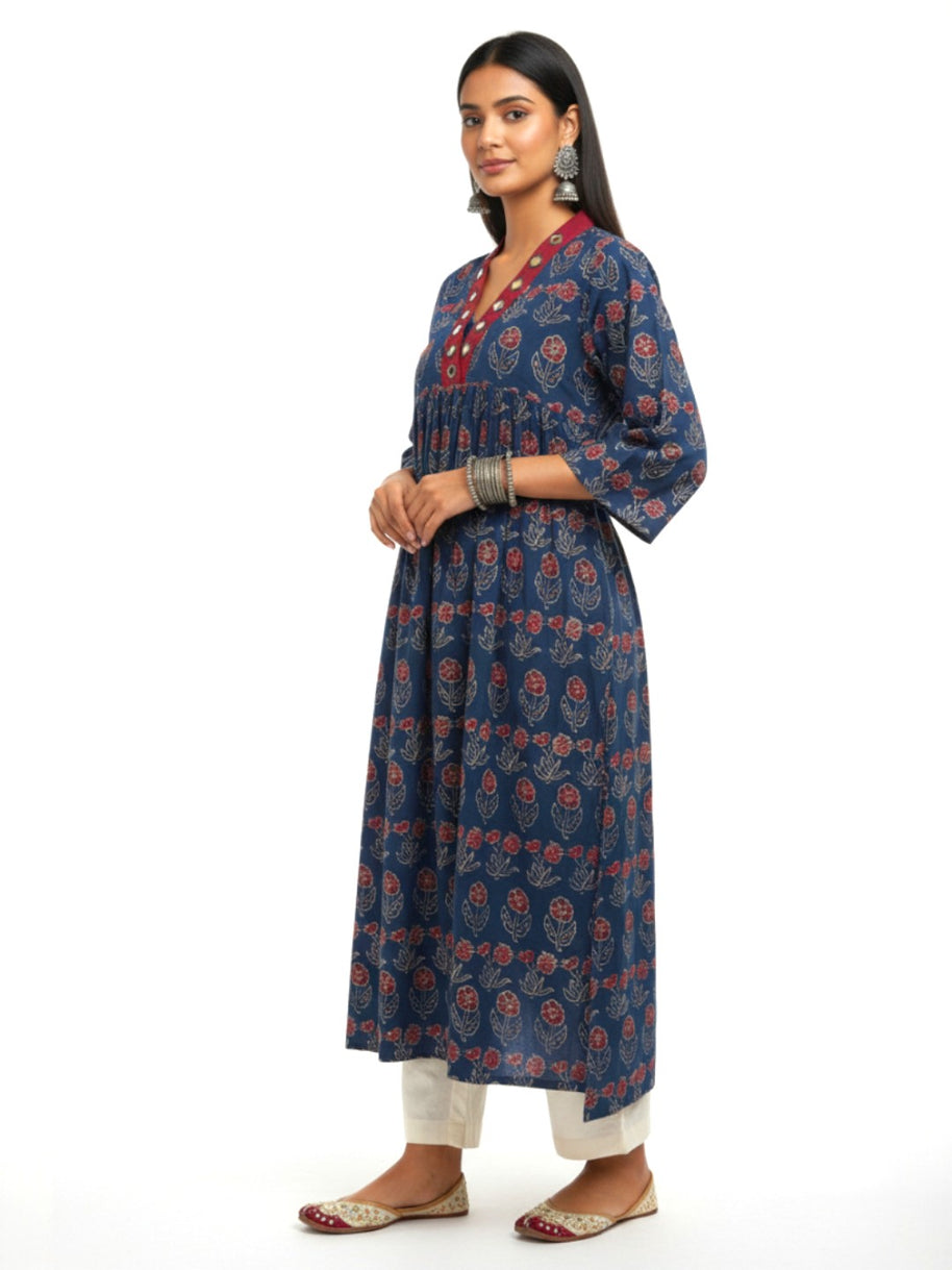 Blue Floral Alia Cut  Cotton Kurta