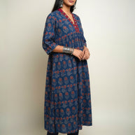 Blue Floral Alia Cut  Cotton Kurta