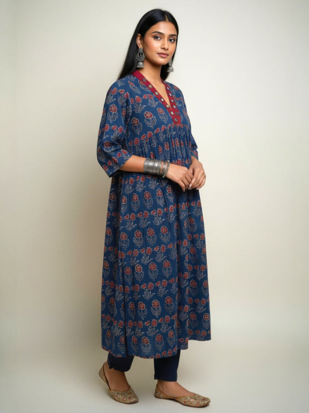 Blue Floral Alia Cut  Cotton Kurta