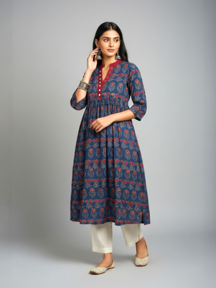Blue Floral Alia Cut  Cotton Kurta