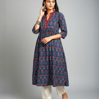Blue Floral Alia Cut  Cotton Kurta