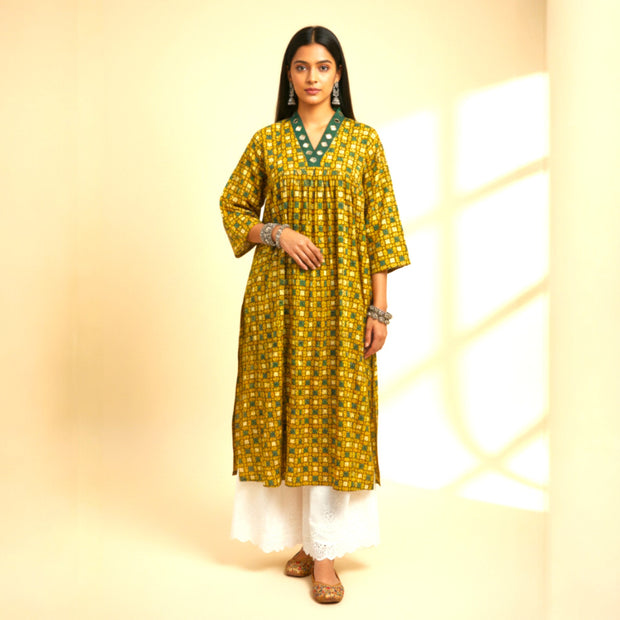 Mustard Floral Alia Cut Cotton Kurta