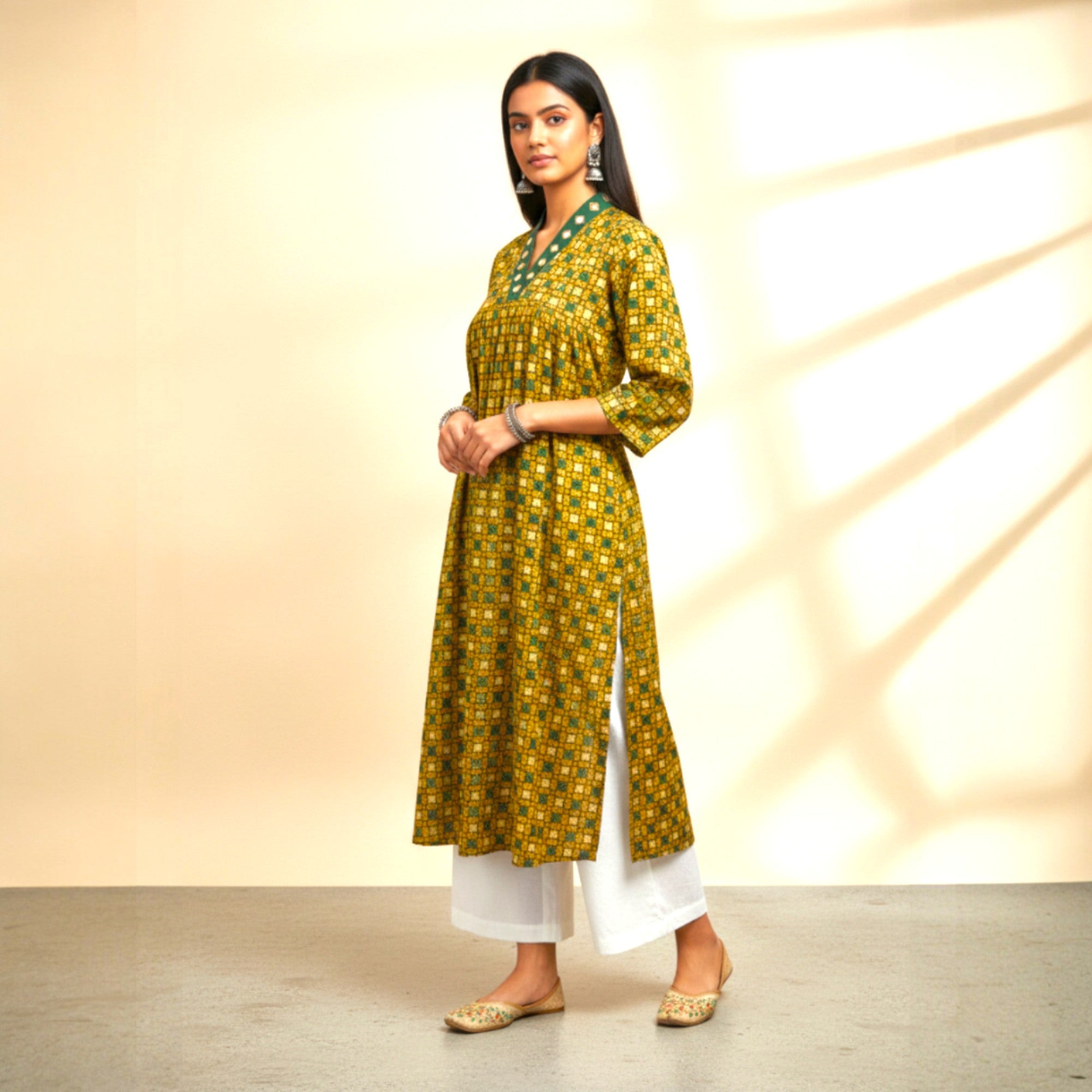 Mustard Floral Alia Cut Cotton Kurta