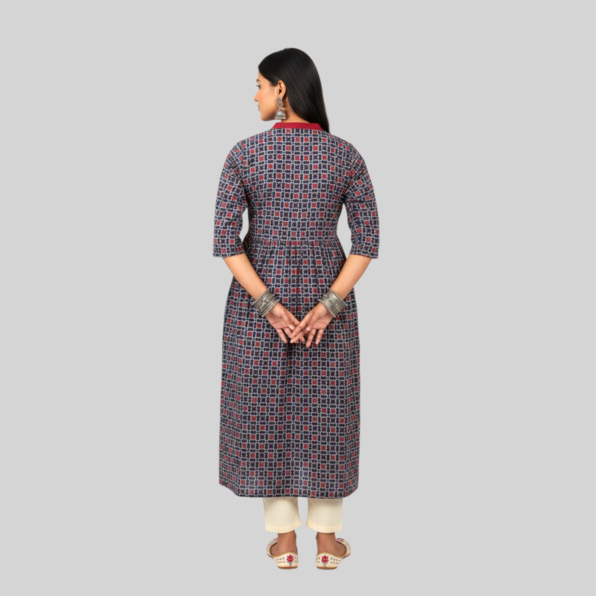 Blue Red Mirror Work Cotton Kurta