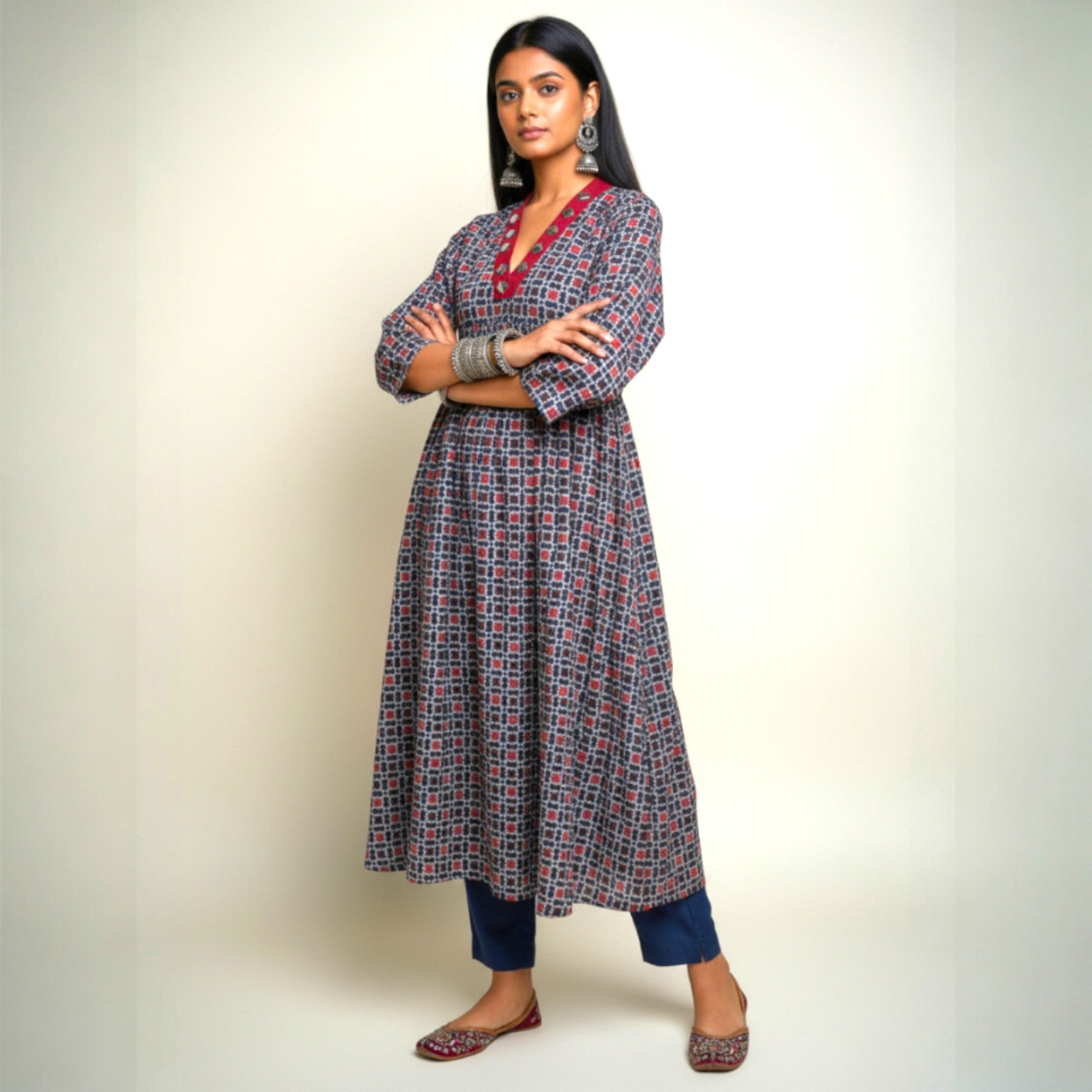 Blue Red Mirror Work Cotton Kurta