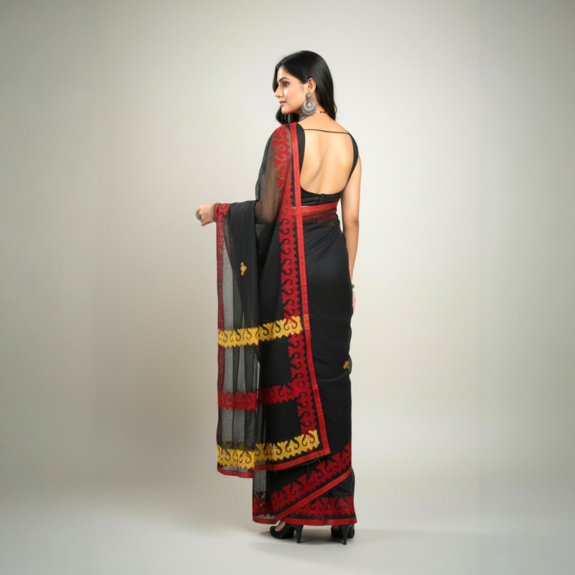 Black Red Stripe Applique Kota Cotton Saree