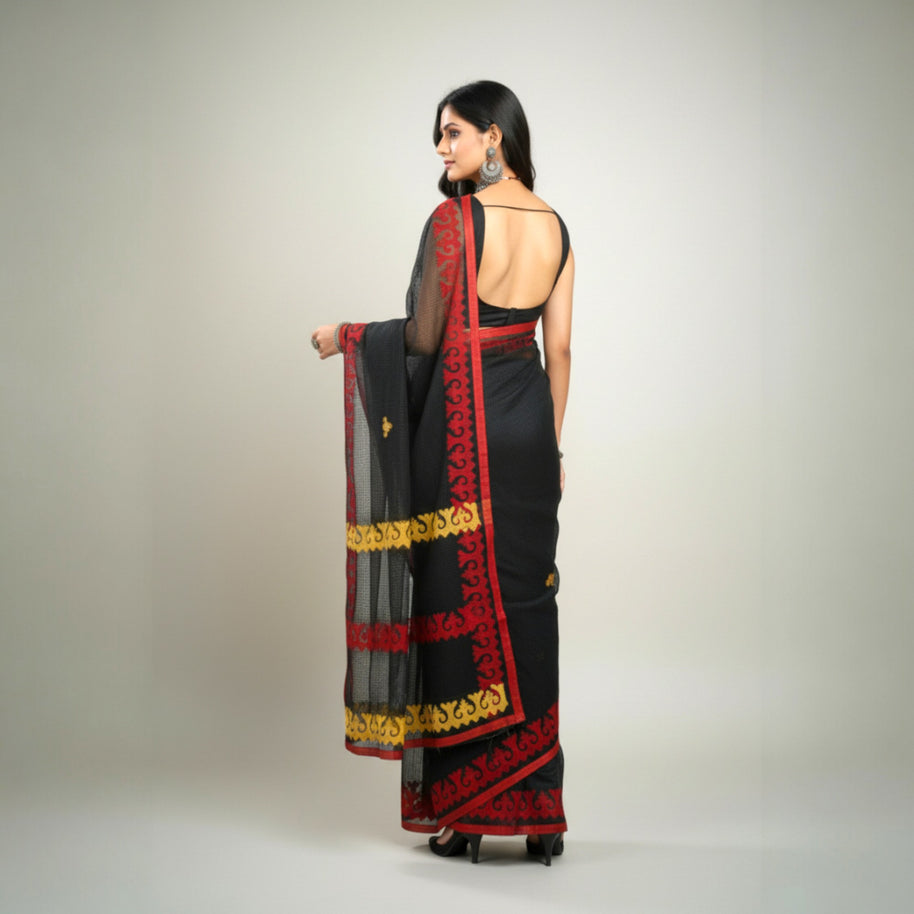 Black Red Stripe Applique Kota Cotton Saree
