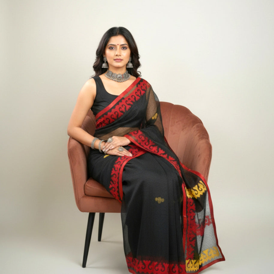 Black Red Stripe Applique Kota Cotton Saree