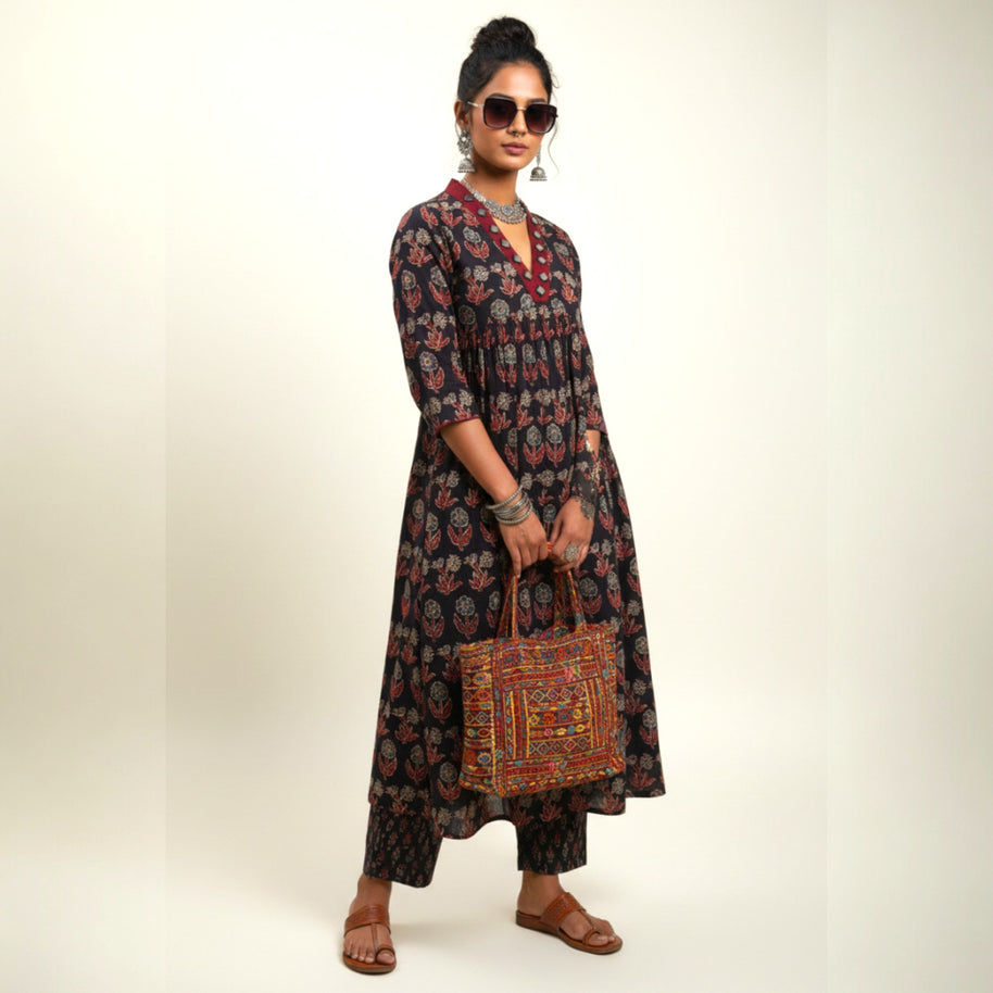 Black Grey Floral Alia Cut Cotton Kurta