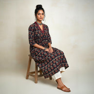 Black Grey Floral Alia Cut Cotton Kurta