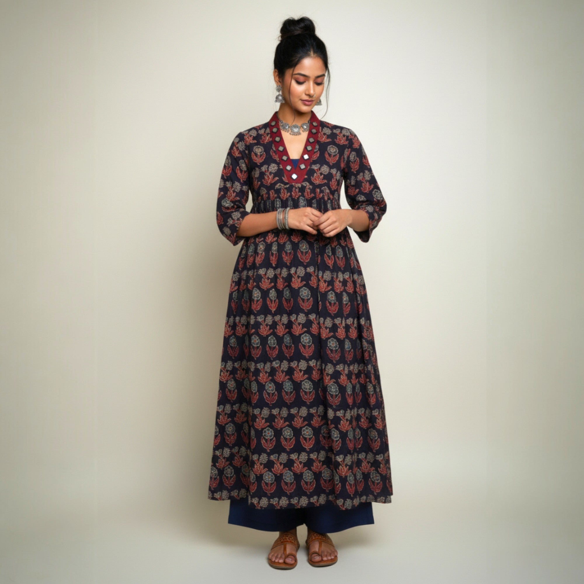 Black Grey Floral Alia Cut Cotton Kurta
