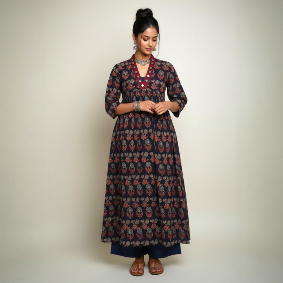 Black Grey Floral Alia Cut Cotton Kurta