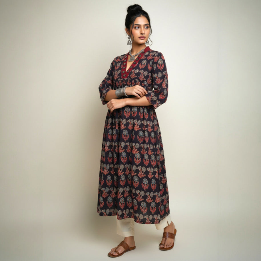 Black Grey Floral Alia Cut Cotton Kurta