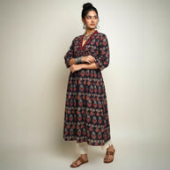 Black Grey Floral Alia Cut Cotton Kurta