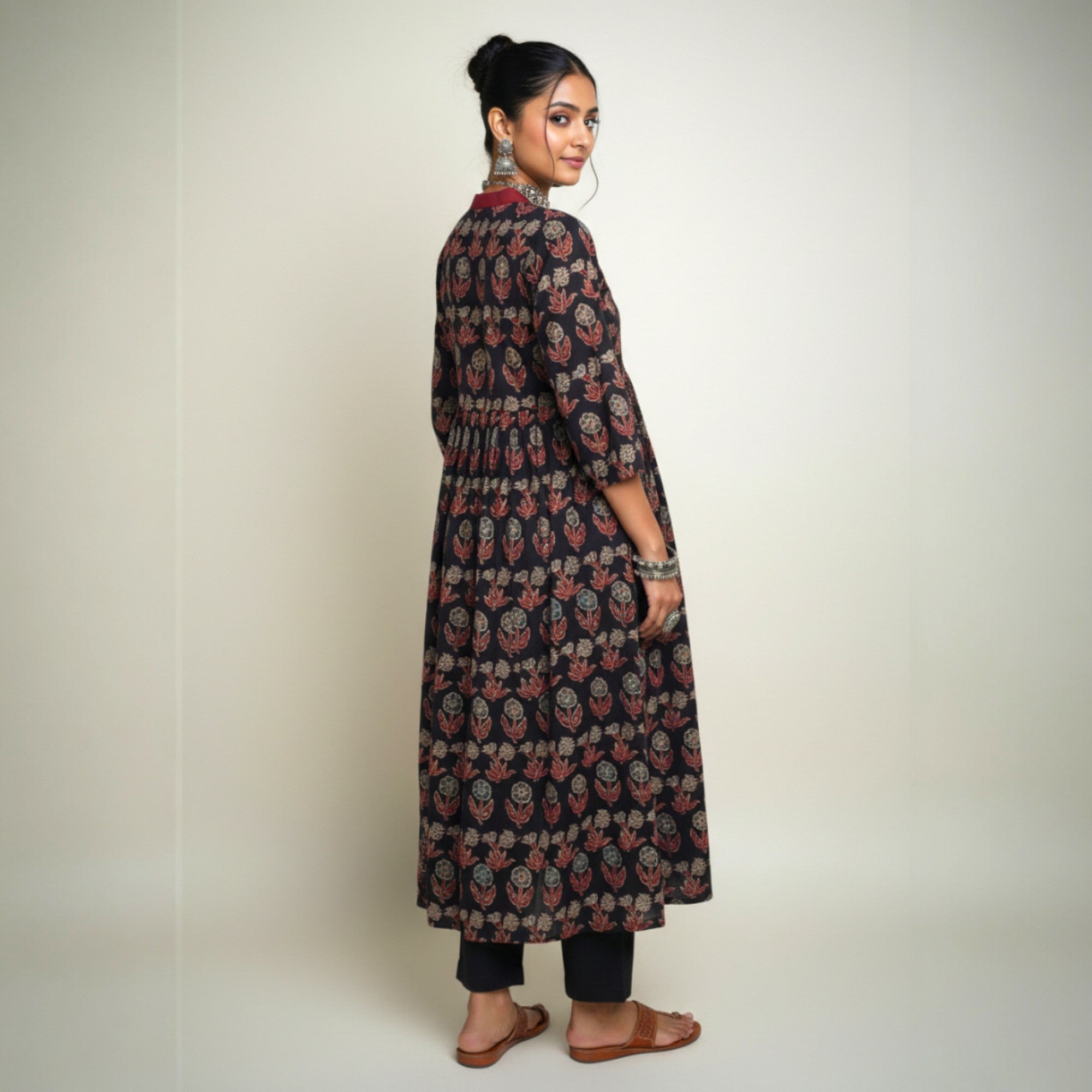 Black Grey Floral Alia Cut Cotton Kurta
