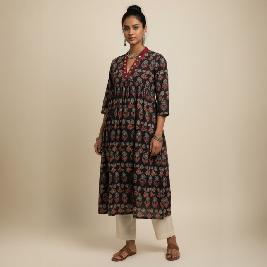 Black Grey Floral Alia Cut Cotton Kurta