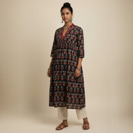 Black Grey Floral Alia Cut Cotton Kurta