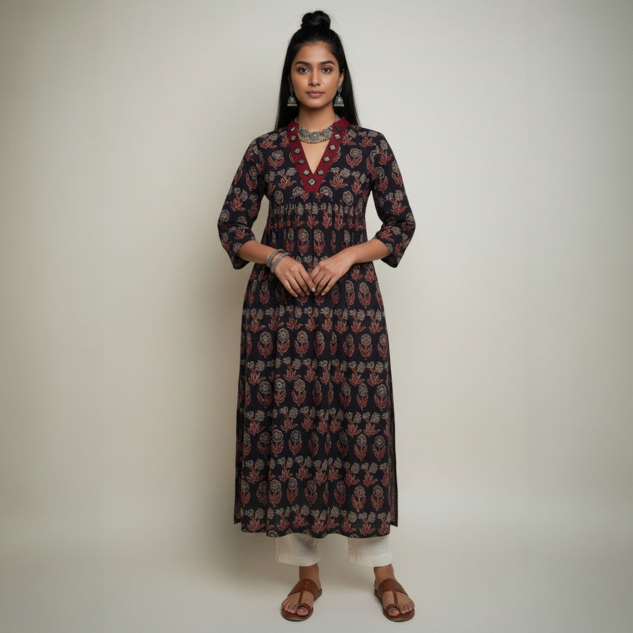 Black Grey Floral Alia Cut Cotton Kurta