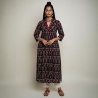 Black Grey Floral Alia Cut Cotton Kurta