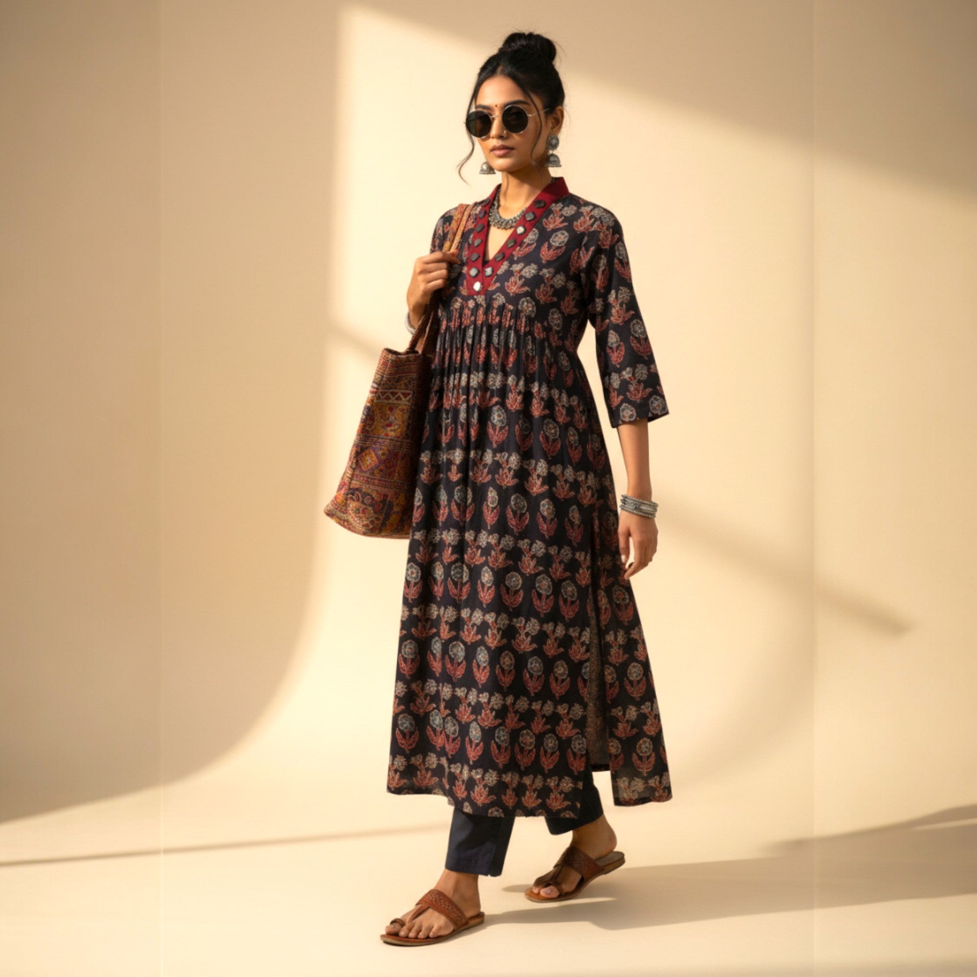 Black Grey Floral Alia Cut Cotton Kurta