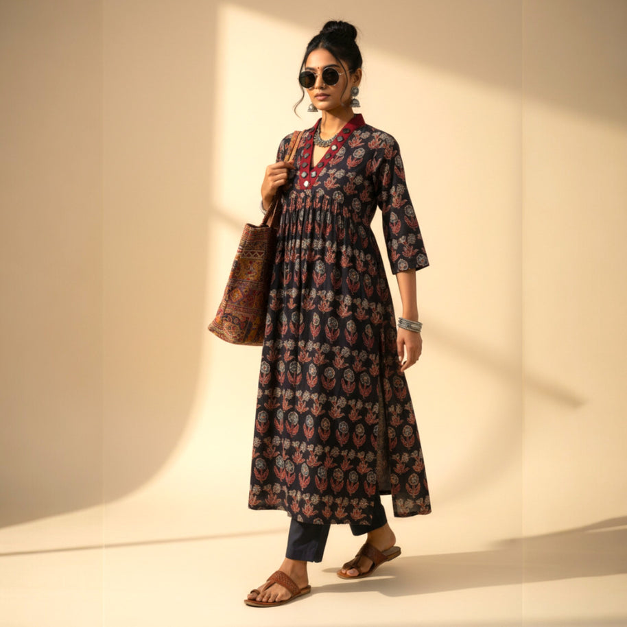 Black Grey Floral Alia Cut Cotton Kurta