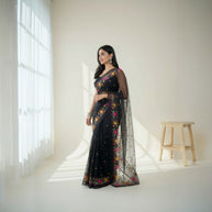 Black Embroidery Kota Cotton Saree