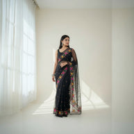 Black Embroidery Kota Cotton Saree