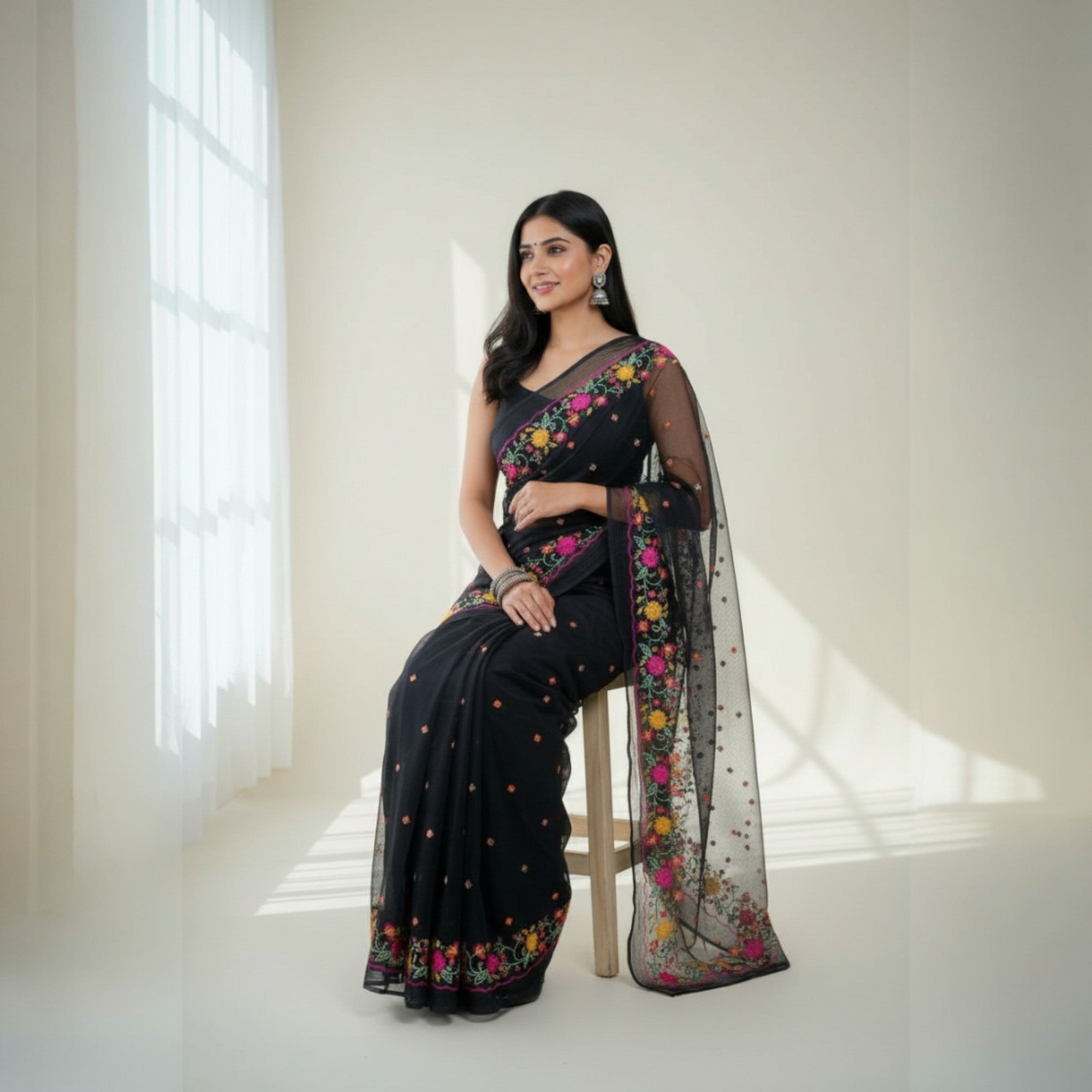 Black Embroidery Kota Cotton Saree