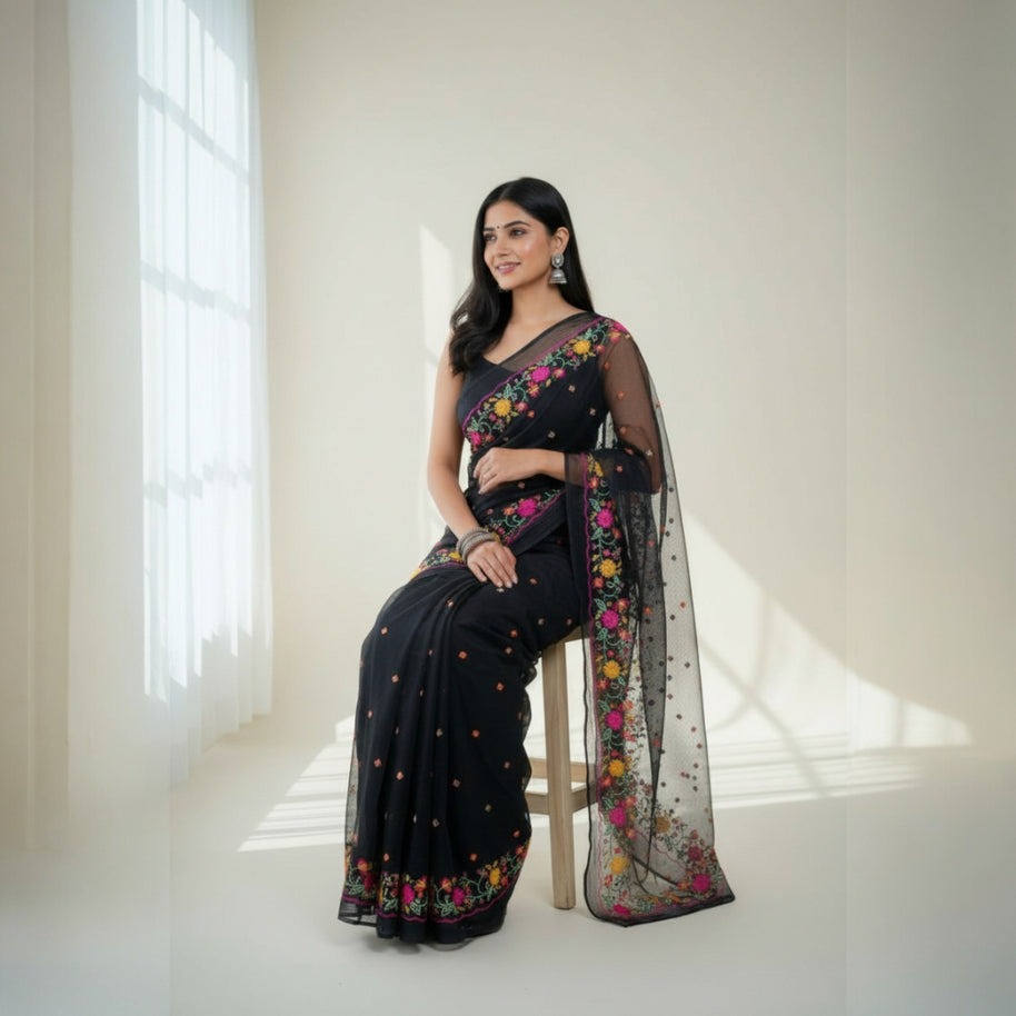 Black Embroidery Kota Cotton Saree