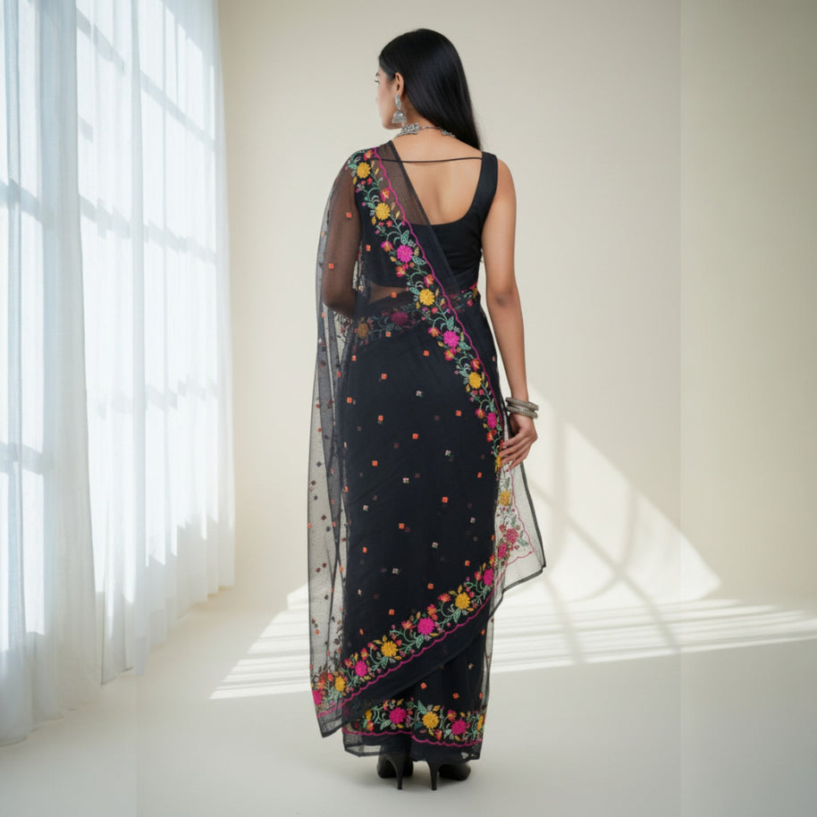 Black Embroidery Kota Cotton Saree