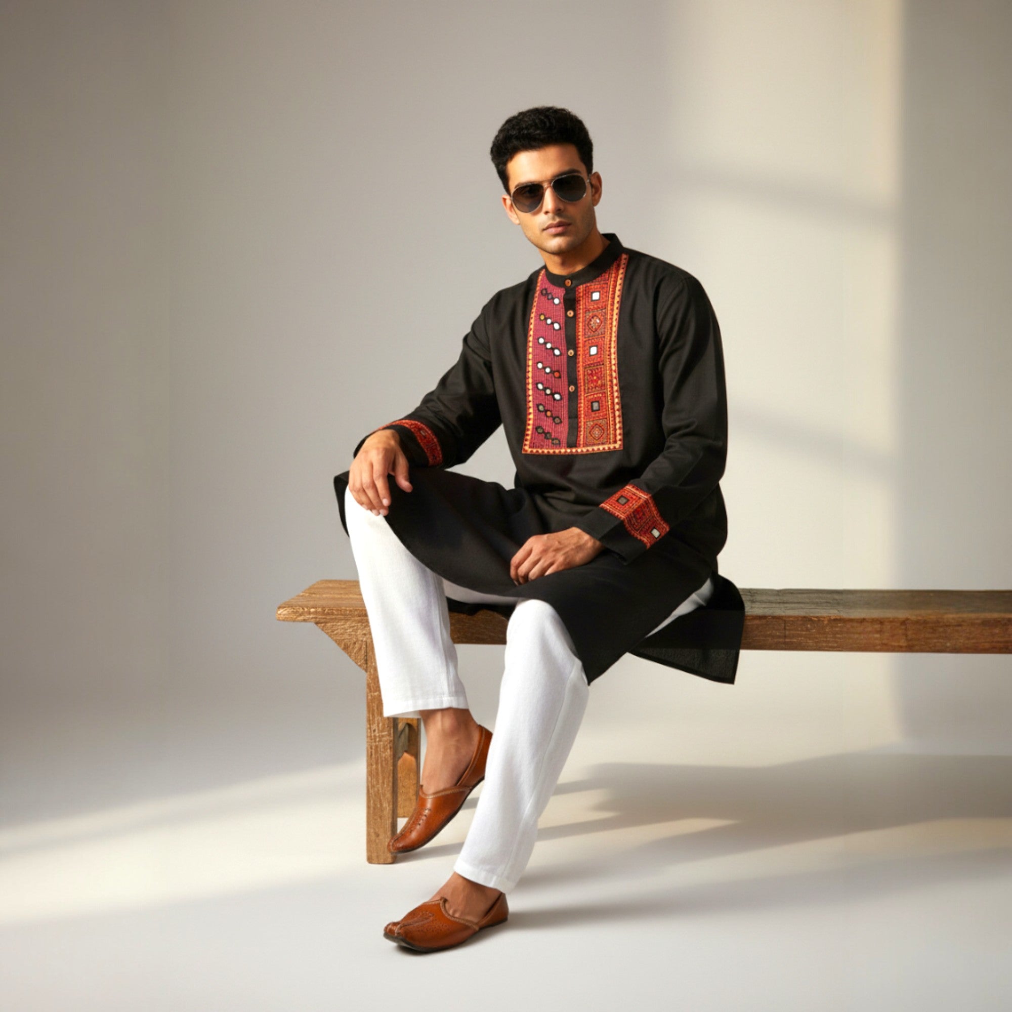 Black Mirror Work Cotton Kurta