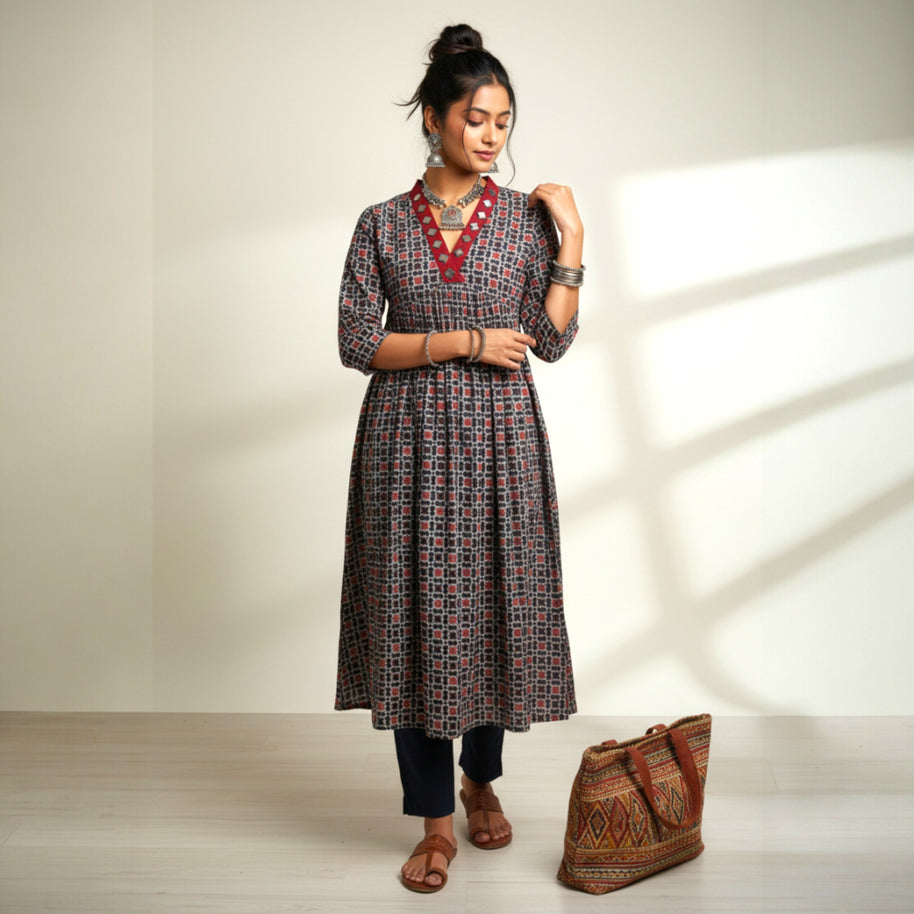 Blue Red Mirror Work Cotton Kurta