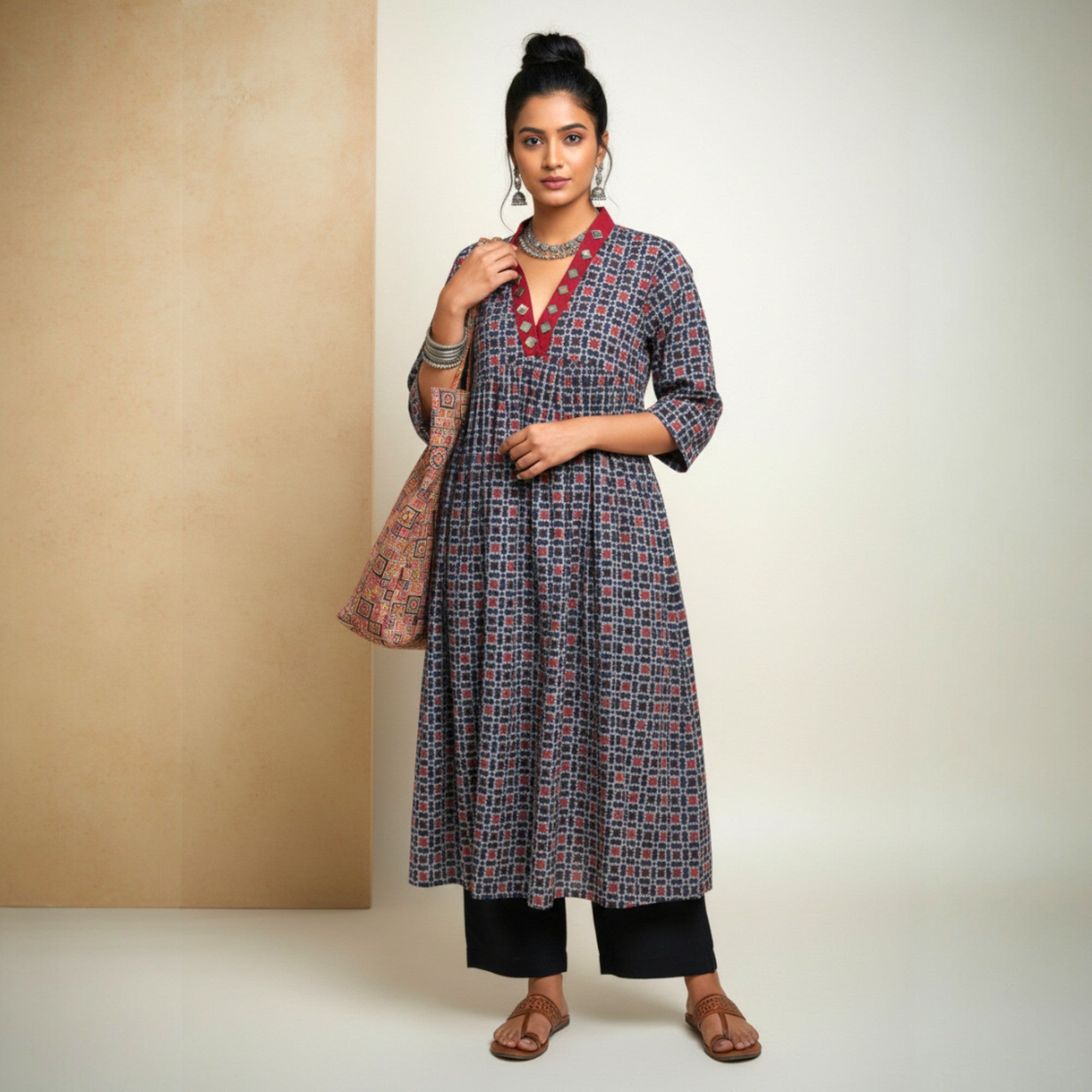 Blue Red Mirror Work Cotton Kurta