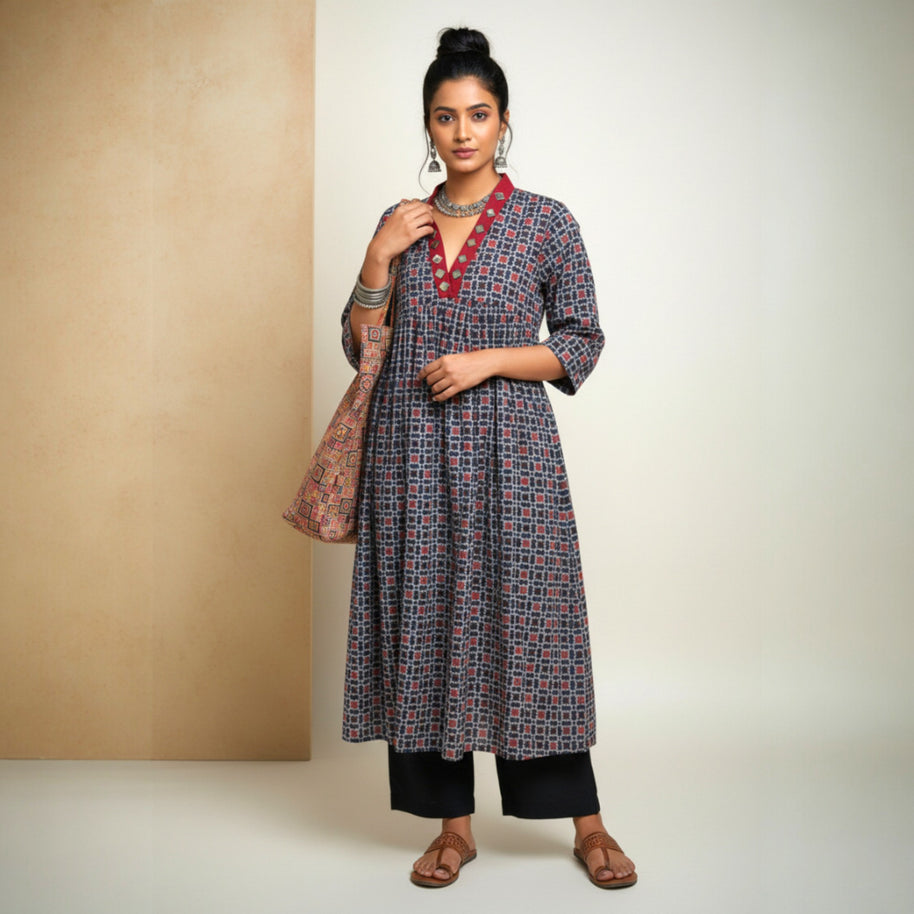 Blue Red Mirror Work Cotton Kurta