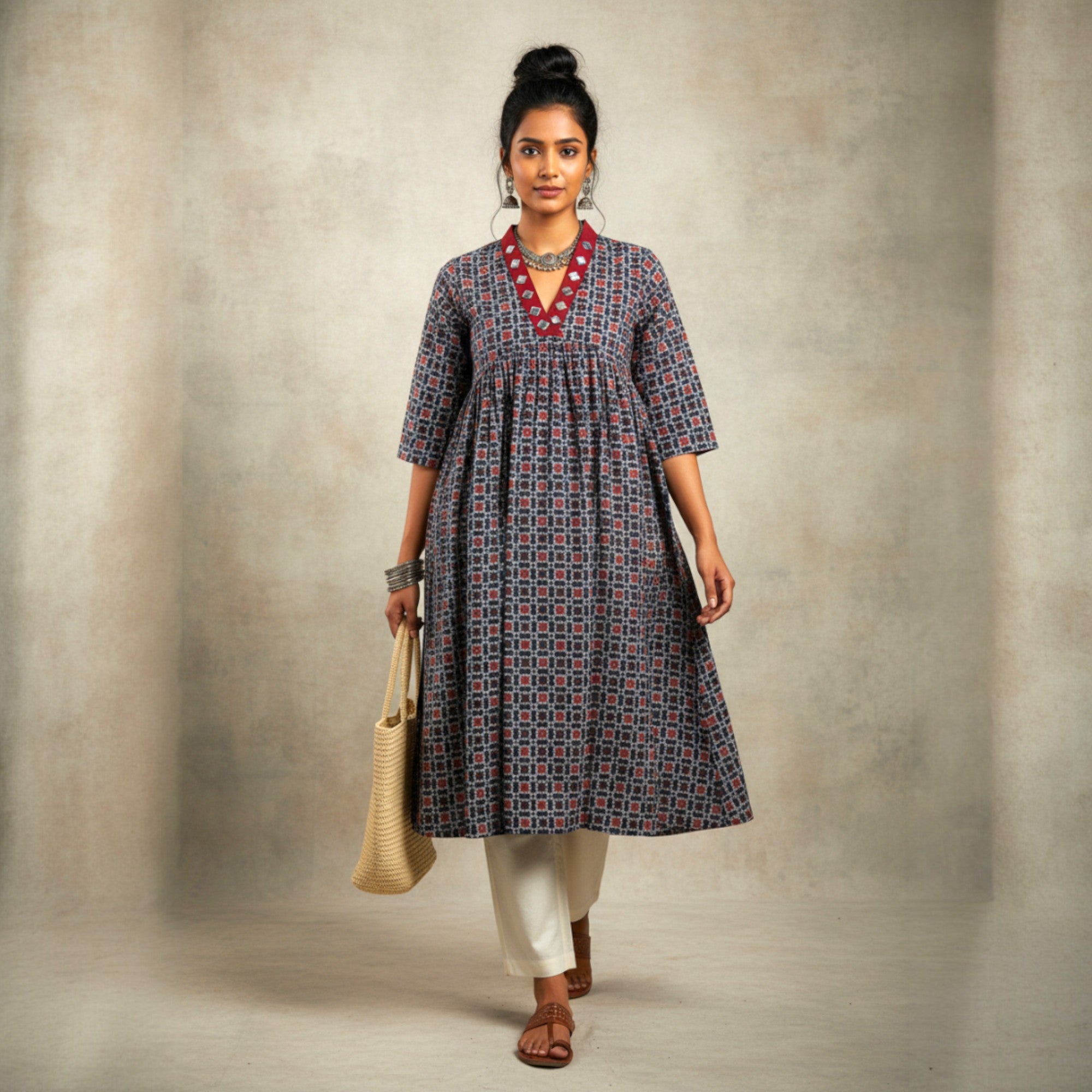 Blue Red Mirror Work Cotton Kurta